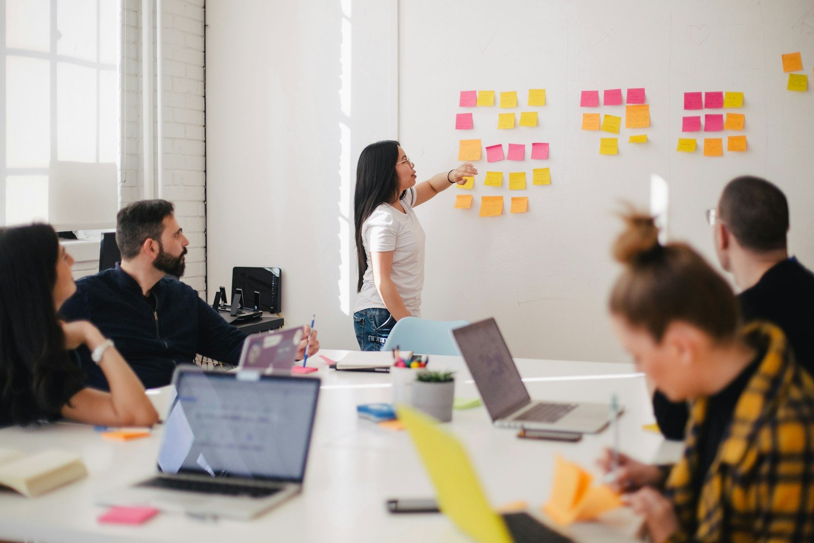 A marketing team planning together in front of a wall of sticky notes